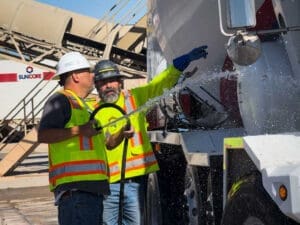 Washing a mixer truck